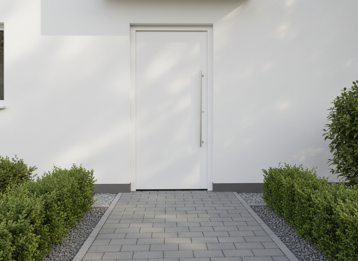 Haustür weiß aus Kunststoff mit schlanker Edelstahlstange als Griff, glatte Fläche und gepflasterter Weg