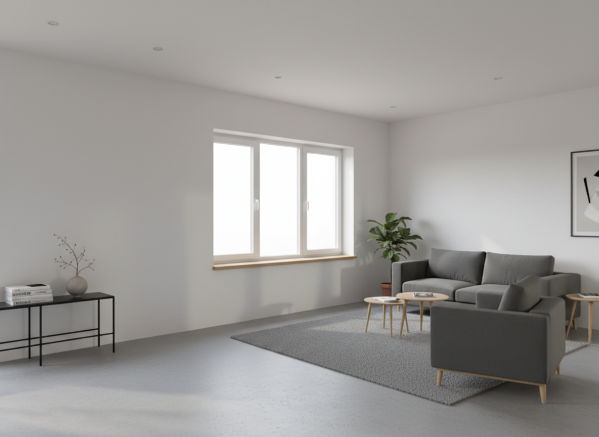 Kunststofffenster weiß mit holzfarbener Fensterbank, dreiteiliges Fenster im hellen Wohnzimmer