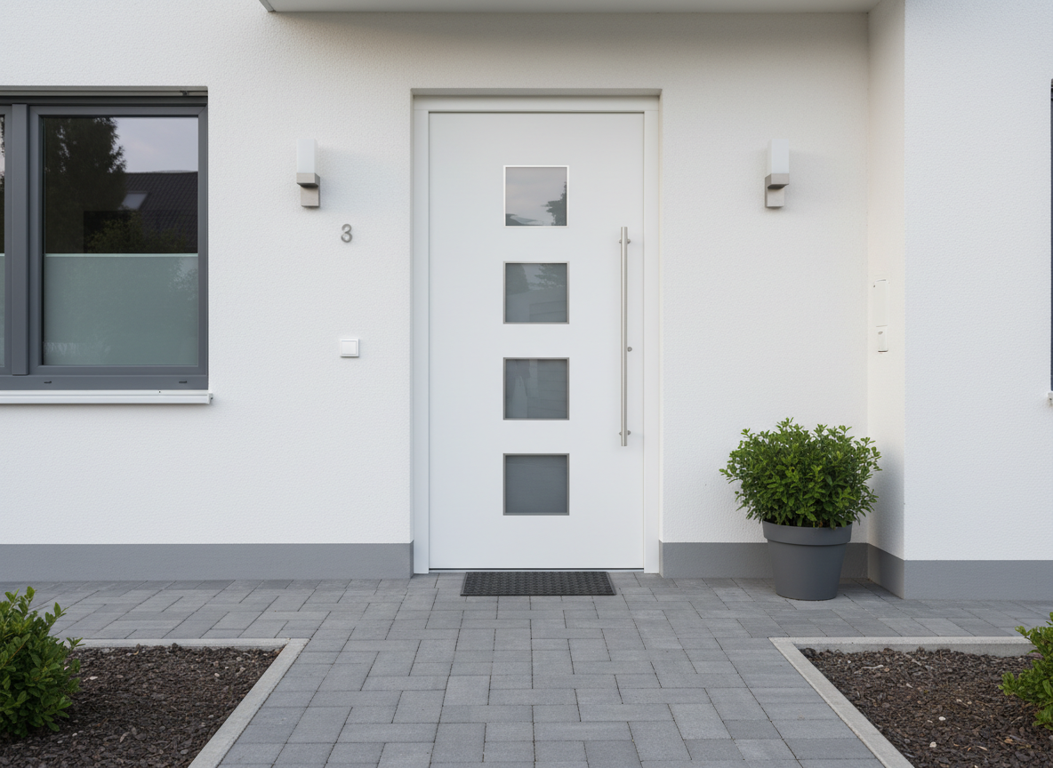 Haustür weiß aus Kunststoff mit vier quadratischen Glaseinsätzen und langem Edelstahlgriff am Hauseingang