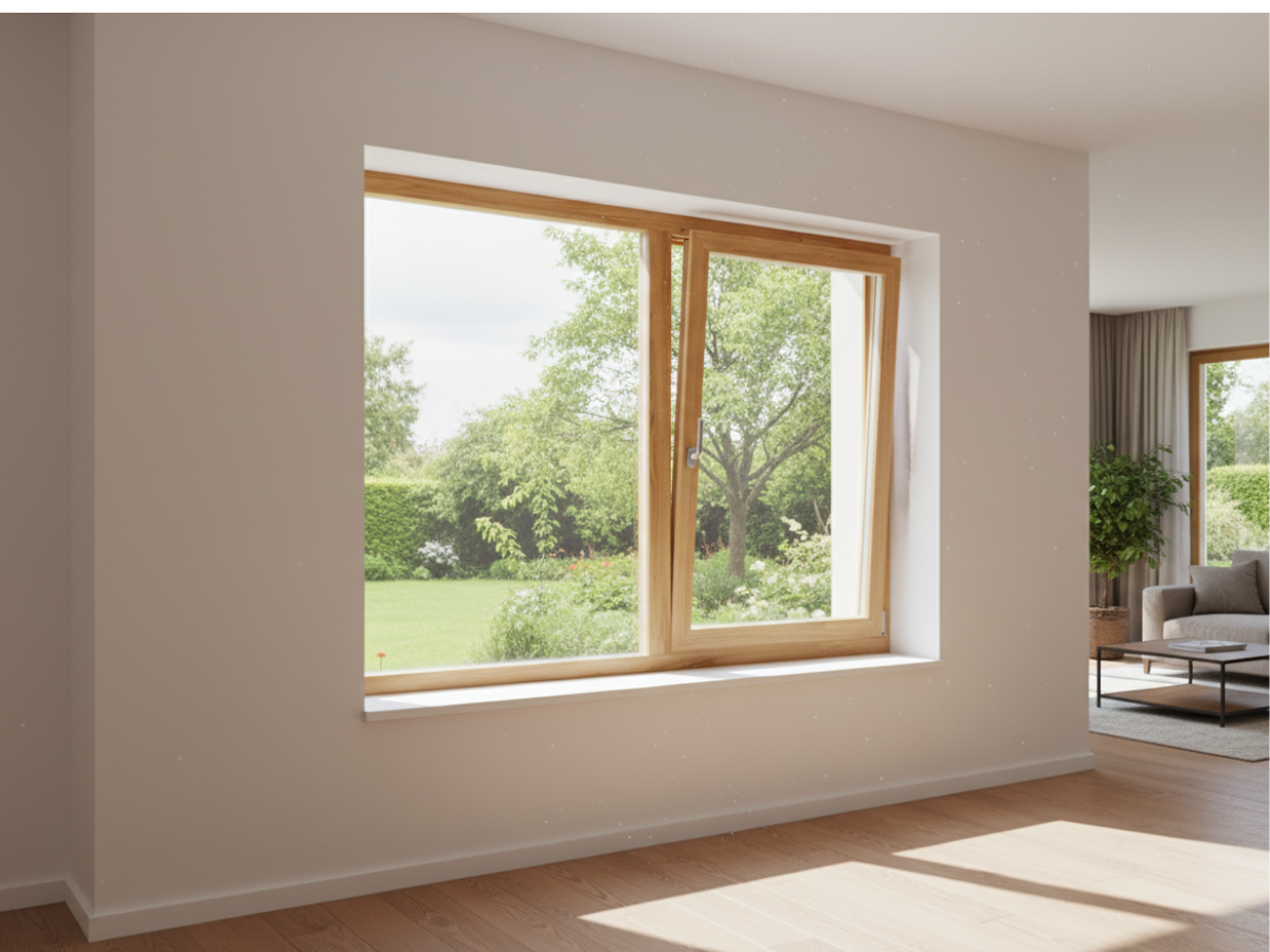 Holz-Dreh-Kipp-Fenster (links) mit Festverglasung im wohnzimmer