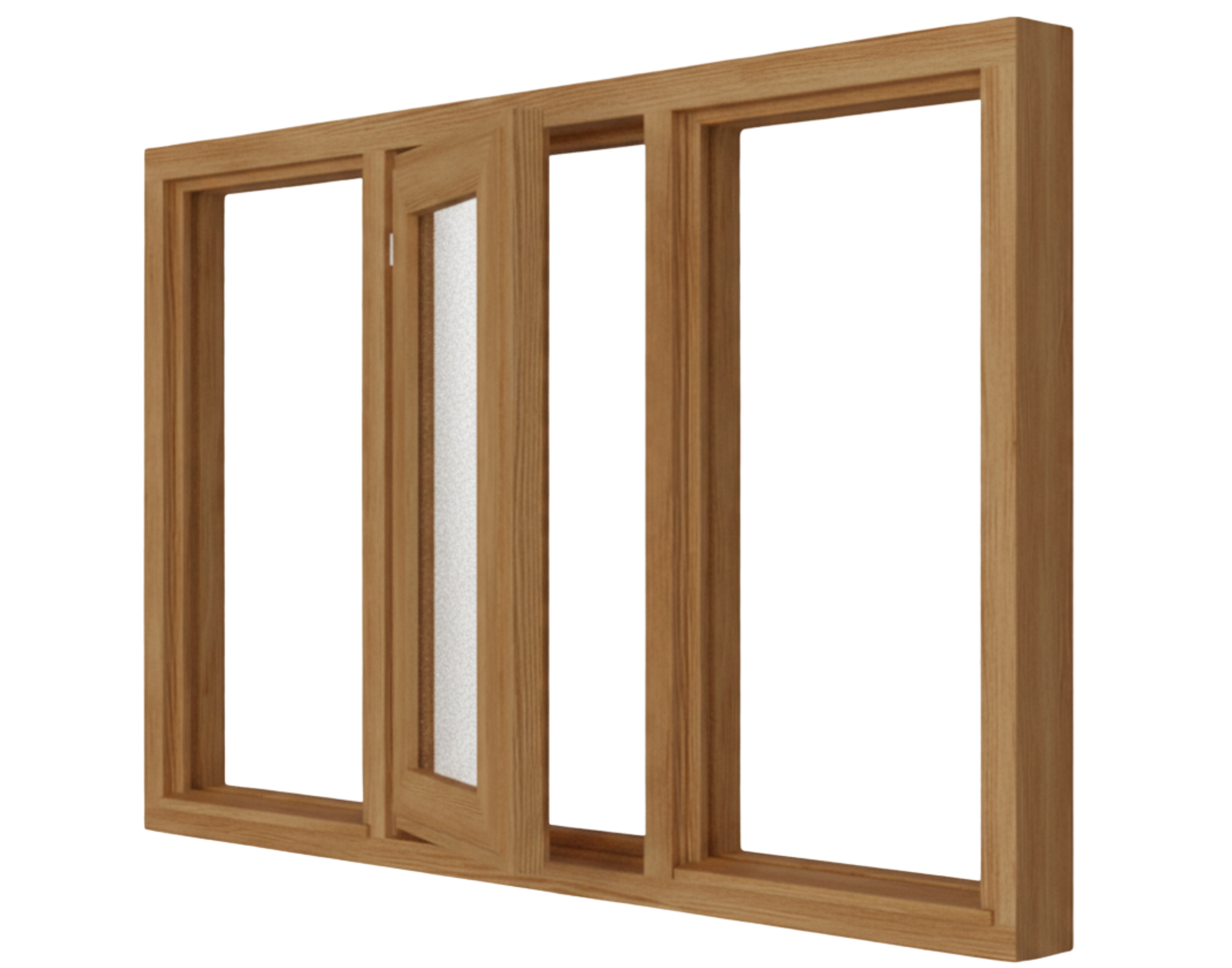 Holzfenster naturbraun aus Holz, dreiteiliges Rahmensystem mit schmalem mittigem Flügel und satiniertem Glas
